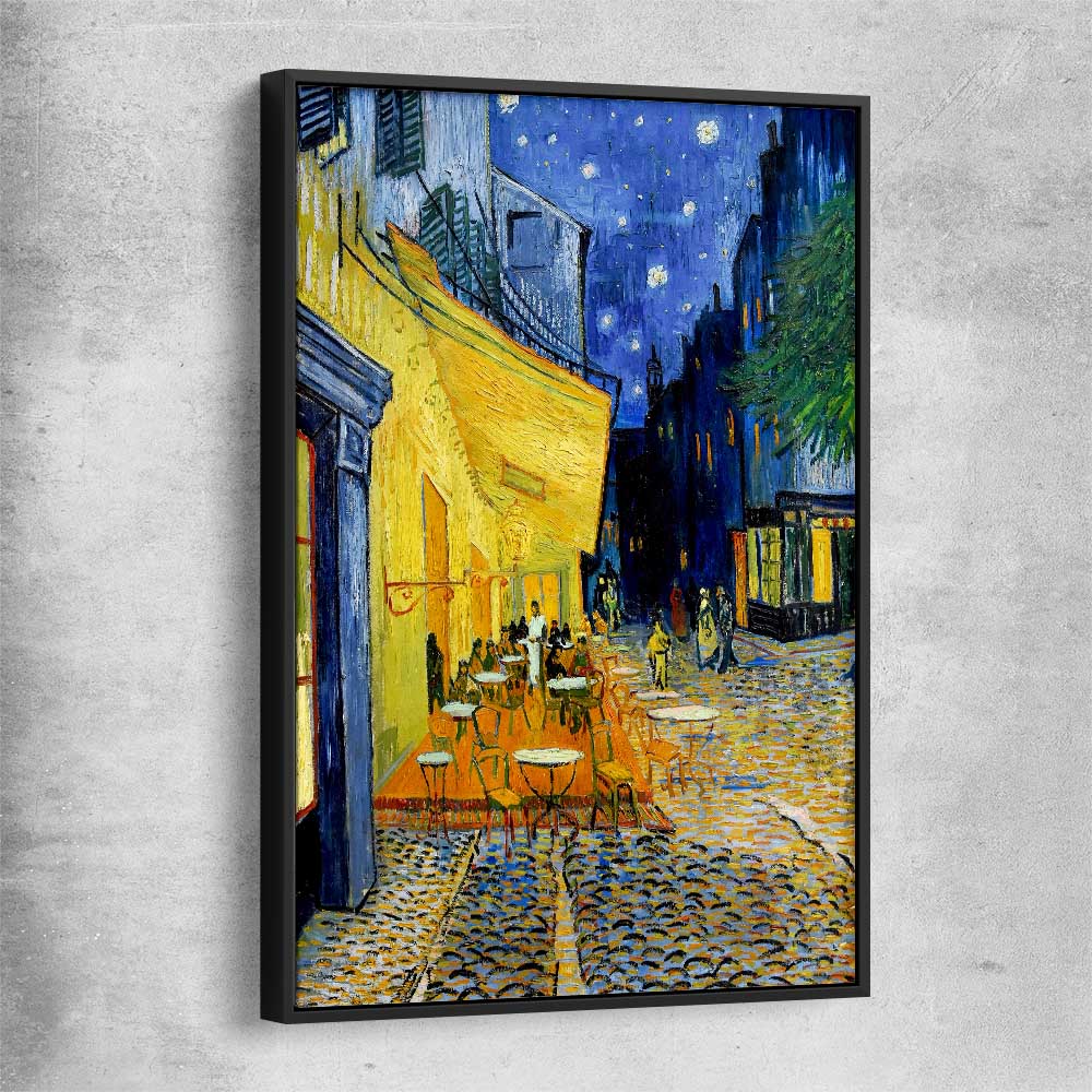 Classic wall art and canvas print of Cafe Terrace Van Gogh with black framed canvas