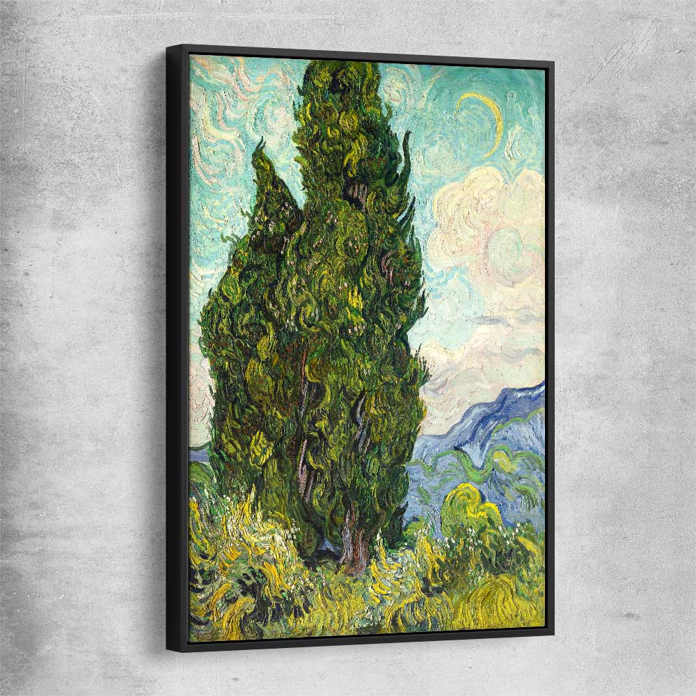 Classic wall art and canvas print of Cypresses Van Gogh with black framed canvas