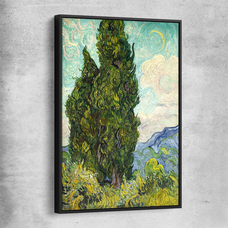 Classic wall art and canvas print of Cypresses Van Gogh with black framed canvas
