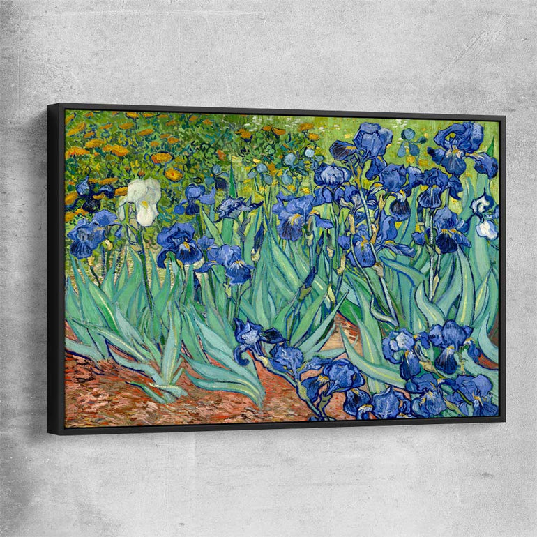 Classic wall art and canvas print of Irises Van Gogh with black framed canvas