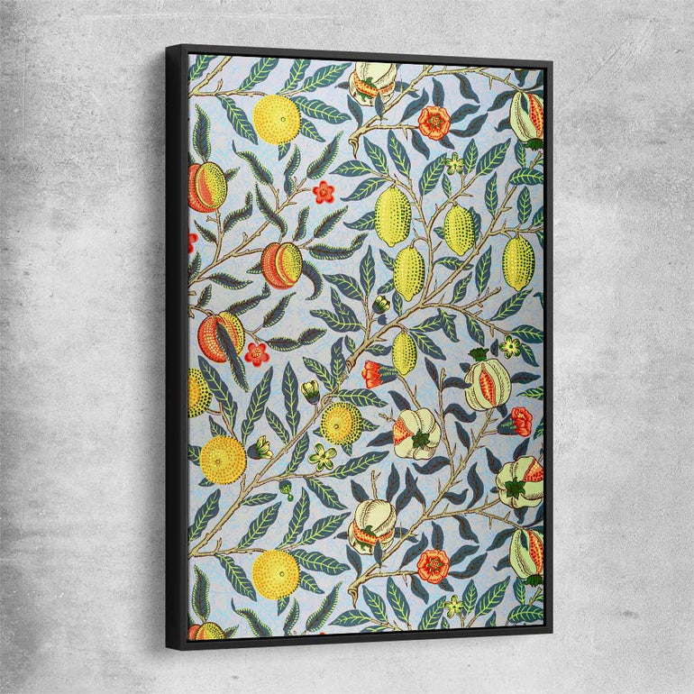 Classic wall art and canvas print of Pomegranate William Morris with black framed canvas