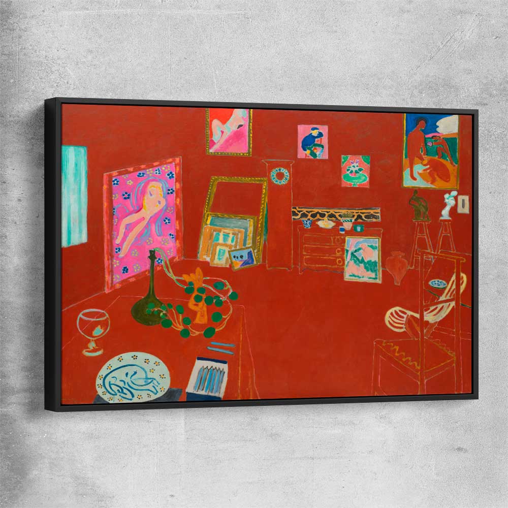 Classic wall art and canvas print of Red Studio Henri Matisse with black framed canvas