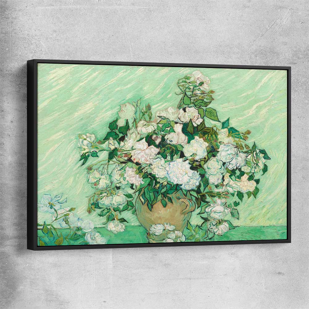 Classic wall art and canvas print of Roses Van Gogh with black framed canvas