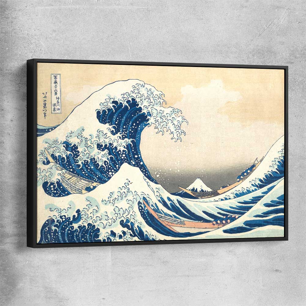 Classic wall art and canvas print of The Great Wave Hokusai with black framed canvas