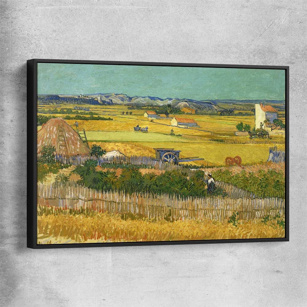 Classic wall art and canvas print of The Harvest Van Gogh with black framed canvas