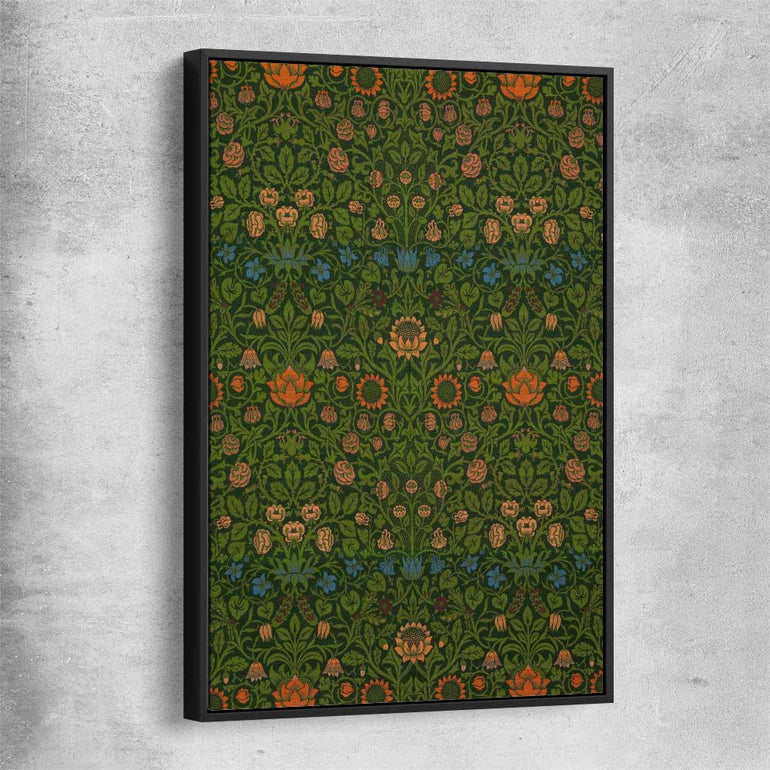 Classic wall art and canvas print of Violet Columbine William Morris with black framed canvas