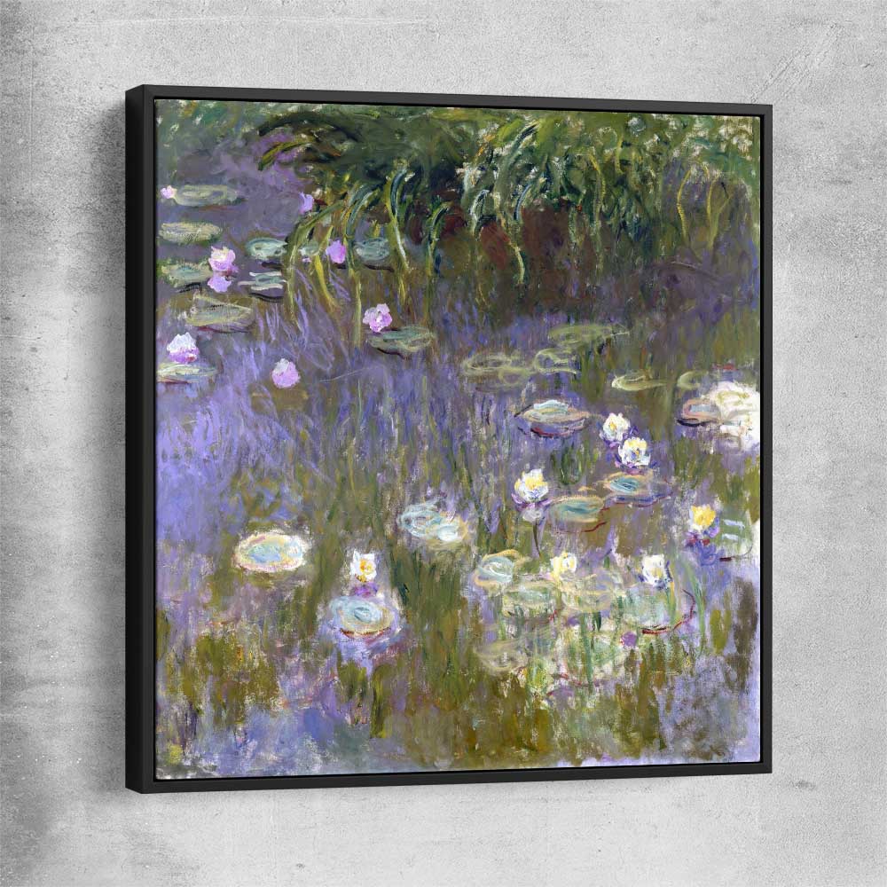 Classic wall art and canvas print of Water Lilies Claude Monet with black framed canvas