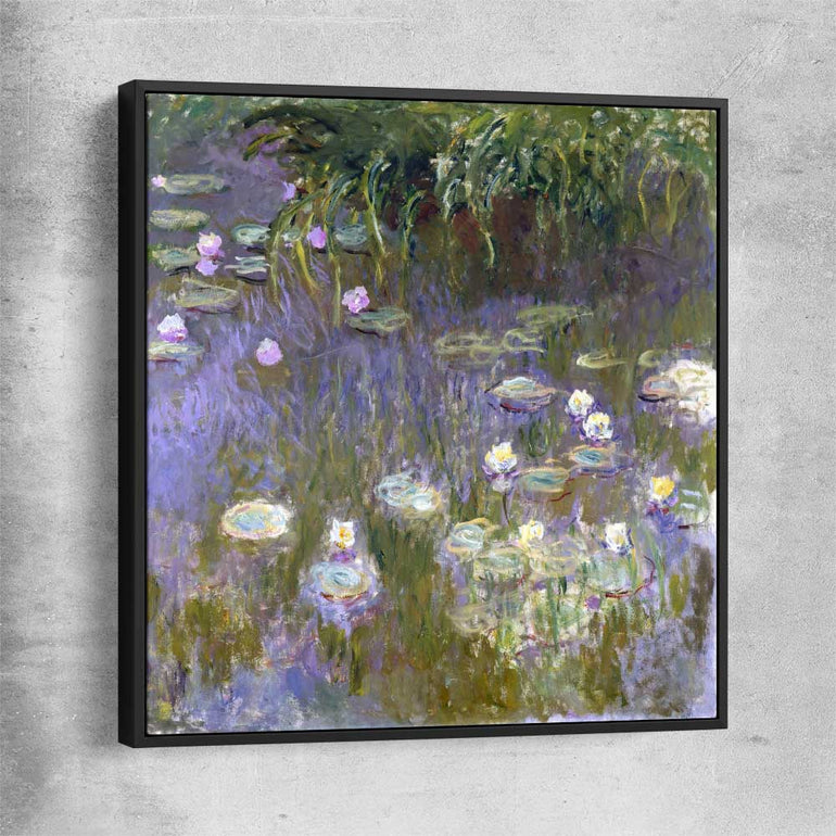 Classic wall art and canvas print of Water Lilies Claude Monet with black framed canvas