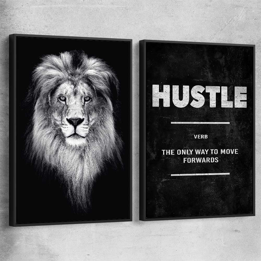 Inspirational wall art print of Lion Gaze Pair with black framed canvas