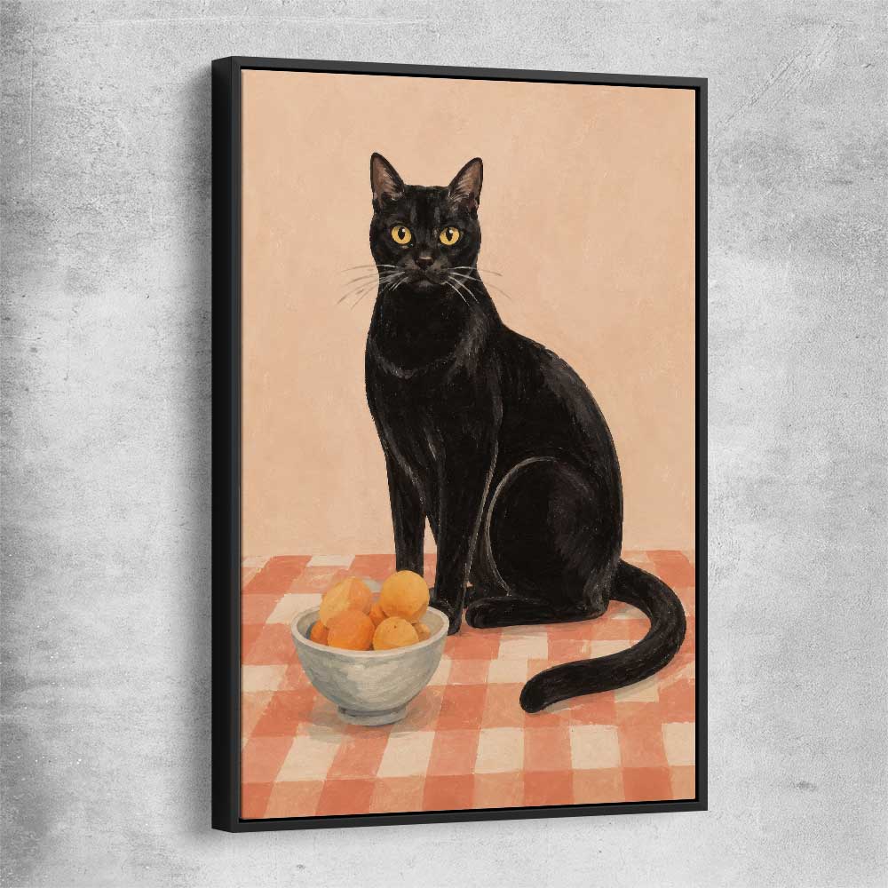 Black Cat and Peaches black framed canvas is a colourful and stylish canvas wall art and print suited for the kitchen area