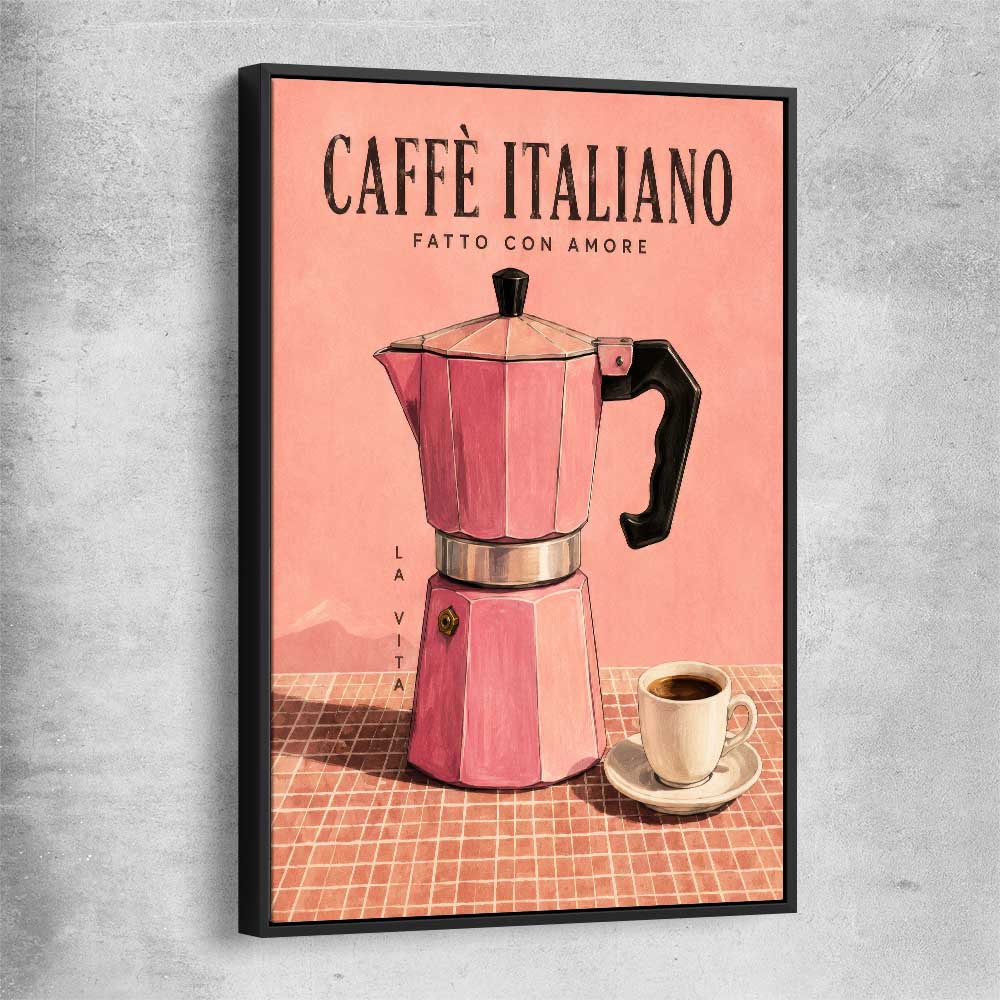 Caffe Italiano black framed canvas is a colourful and stylish canvas wall art and print suited for the kitchen area