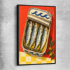 Golden Sardine Tin black framed canvas is a colourful and stylish canvas wall art and print suited for the kitchen area