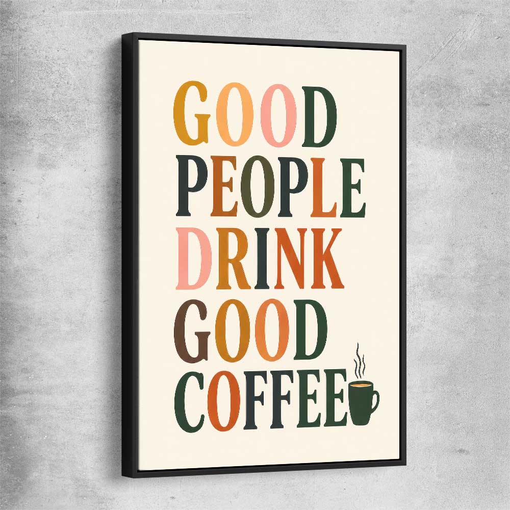 Good People Brew black framed canvas is a colourful and stylish canvas wall art and print suited for the kitchen area