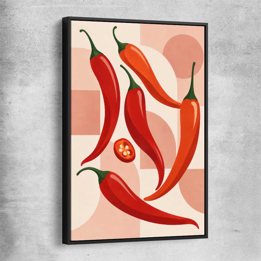 Scarlet Chilli Rhythm black framed canvas is a colourful and stylish canvas wall art and print suited for the kitchen area