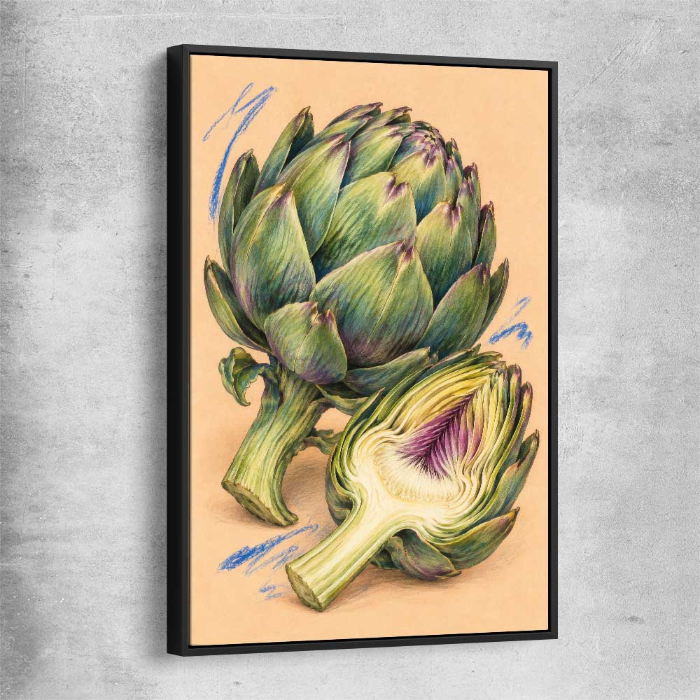 Sculptural Artichokes black framed canvas is a colourful and stylish canvas wall art and print suited for the kitchen area