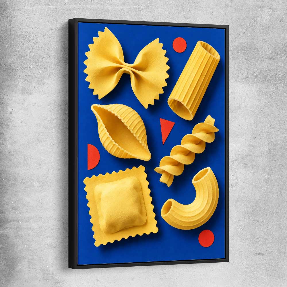 Sculptural Pasta black framed canvas is a colourful and stylish canvas wall art and print suited for the kitchen area