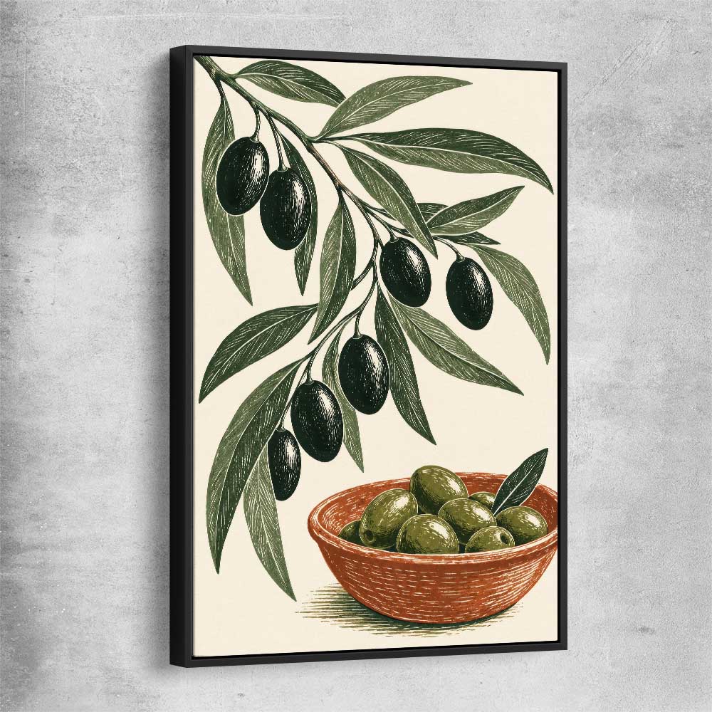 Terracotta Olive Branch black framed canvas is a colourful and stylish canvas wall art and print suited for the kitchen area