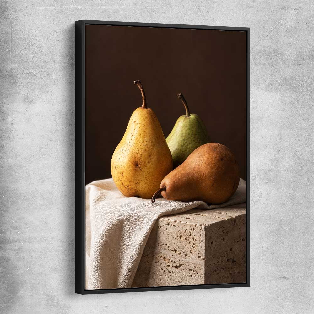 Three Pears black framed canvas is a colourful and stylish canvas wall art and print suited for the kitchen area