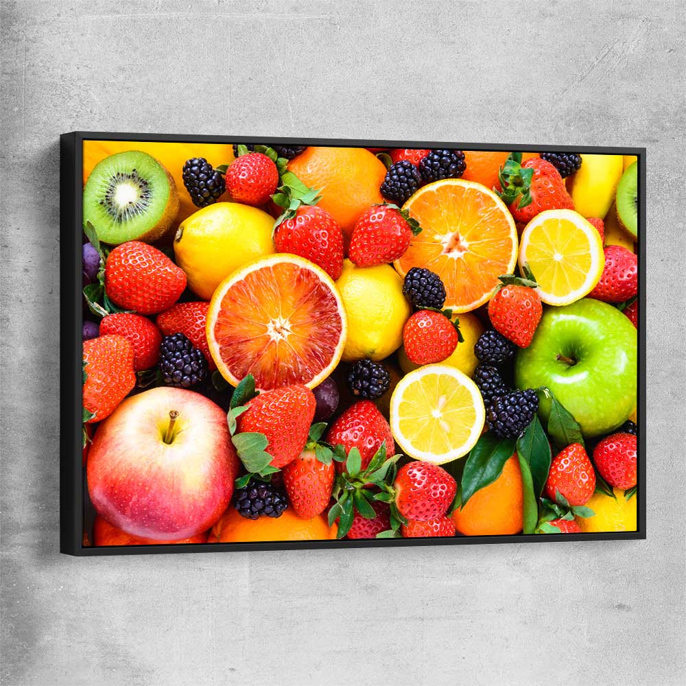 Vibrant Fruit Medley black framed canvas is a colourful and stylish canvas wall art and print suited for the kitchen area