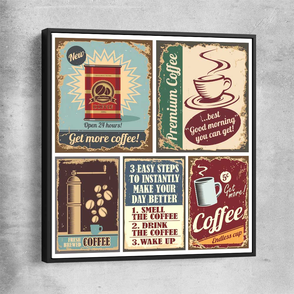 Vintage Coffee Collection black framed canvas is a colourful and stylish canvas wall art and print suited for the kitchen area