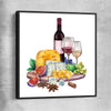Wine and Cheese Feast black framed canvas is a colourful and stylish canvas wall art and print suited for the kitchen area