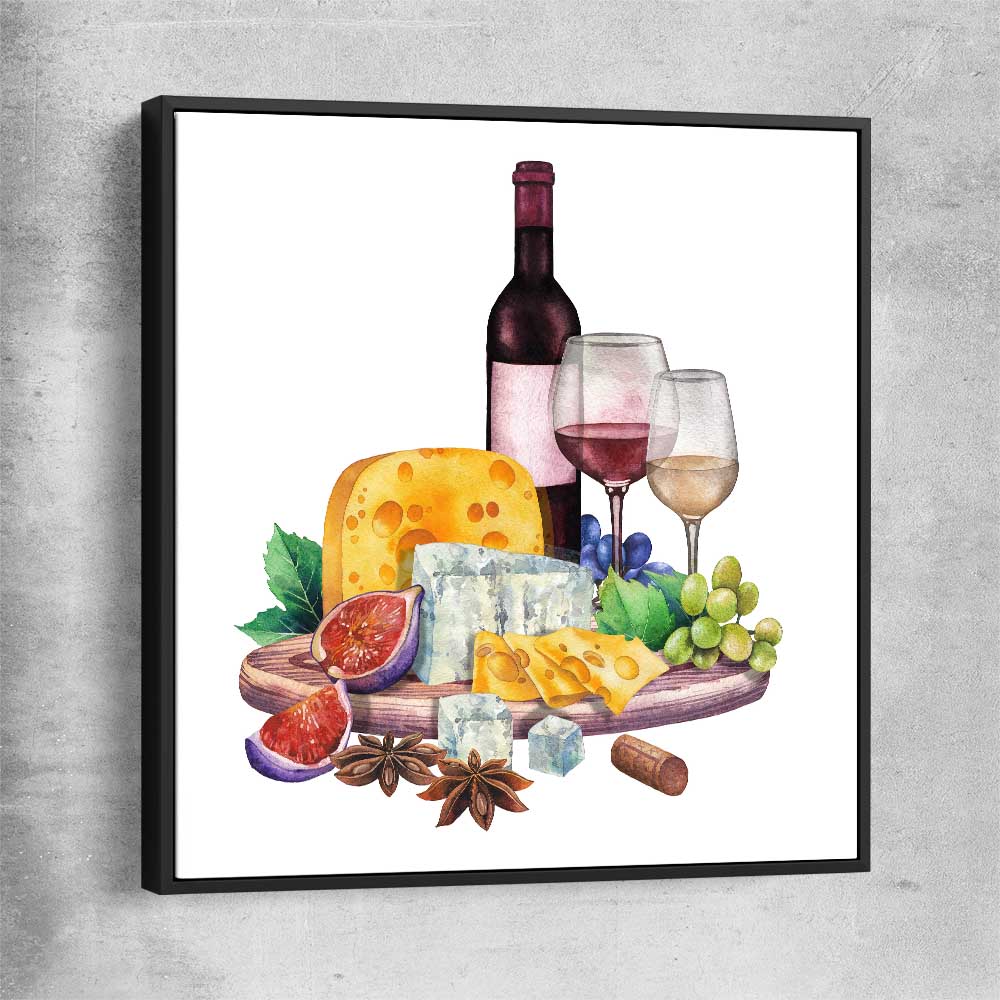 Wine and Cheese Feast black framed canvas is a colourful and stylish canvas wall art and print suited for the kitchen area