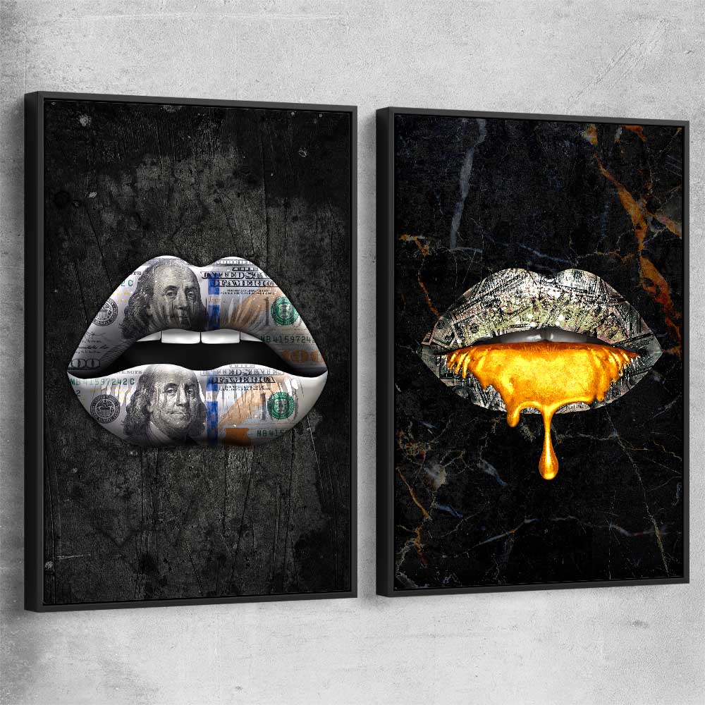Money Lips Pair black framed canvas - part of our high quality canvas lips wall art collection
