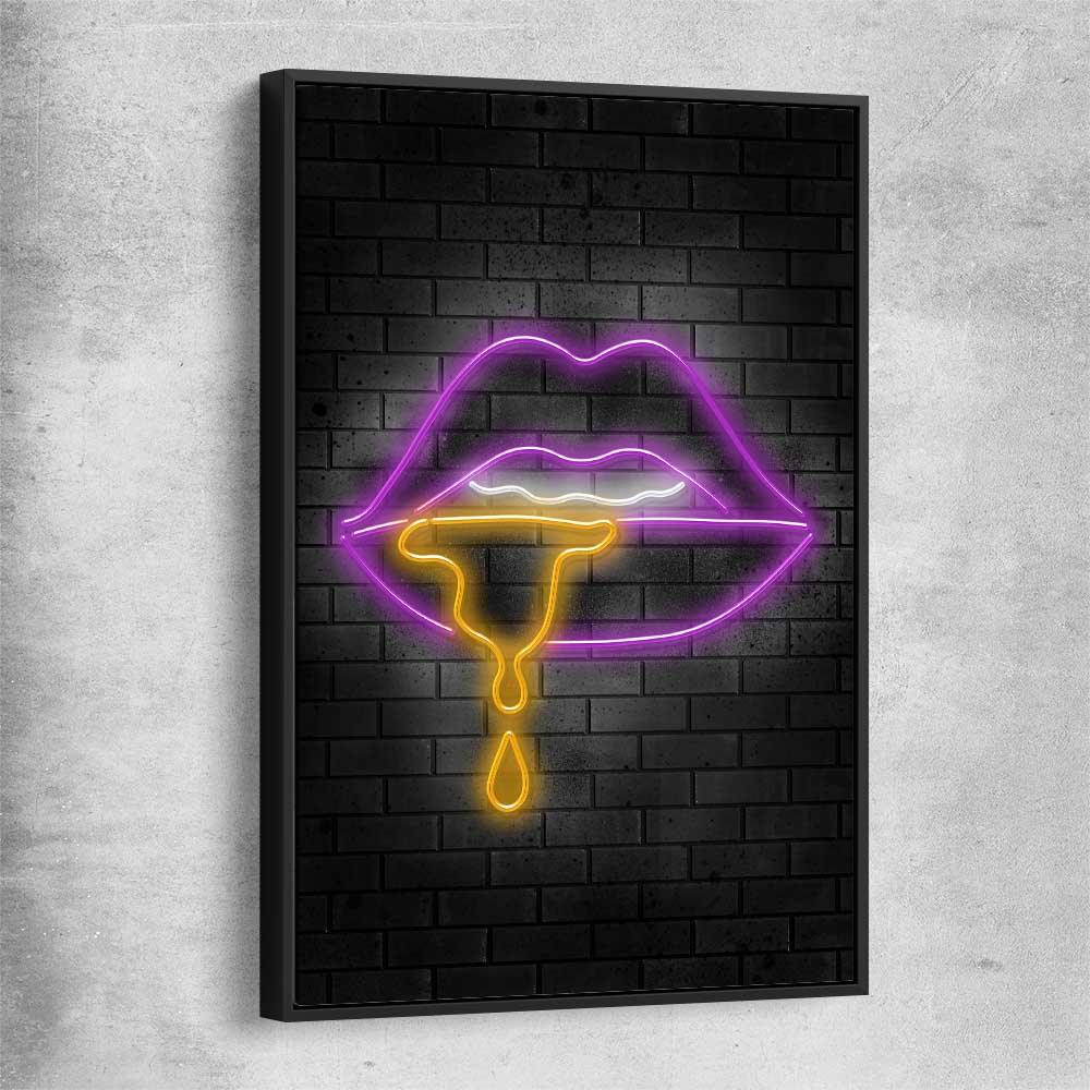Neon Lips black framed canvas - part of our high quality canvas lips wall art collection