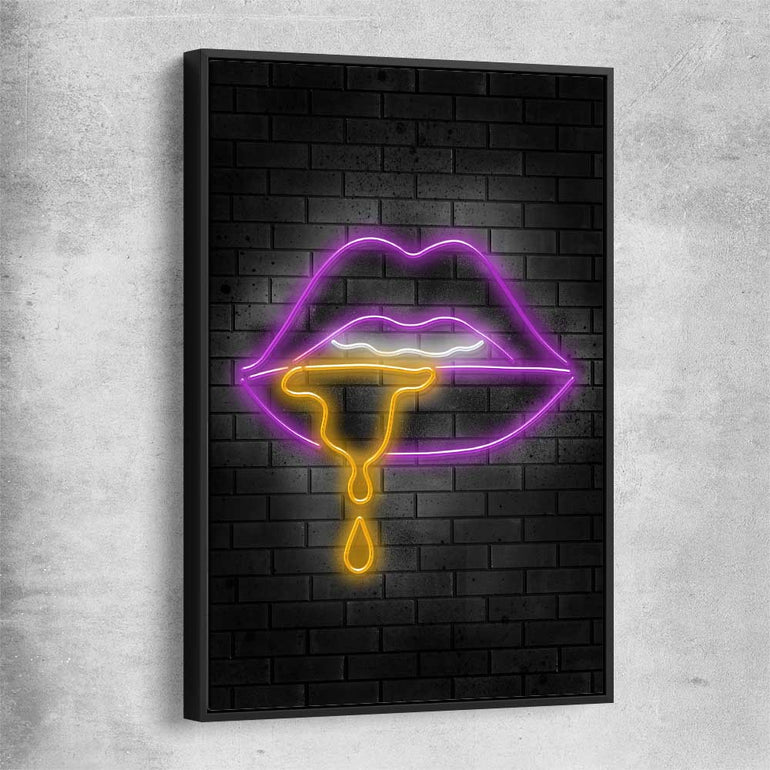 Neon Lips black framed canvas - part of our high quality canvas lips wall art collection