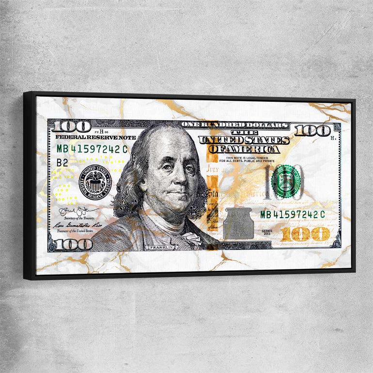 Money wall art print of Marble Bill with black framed canvas