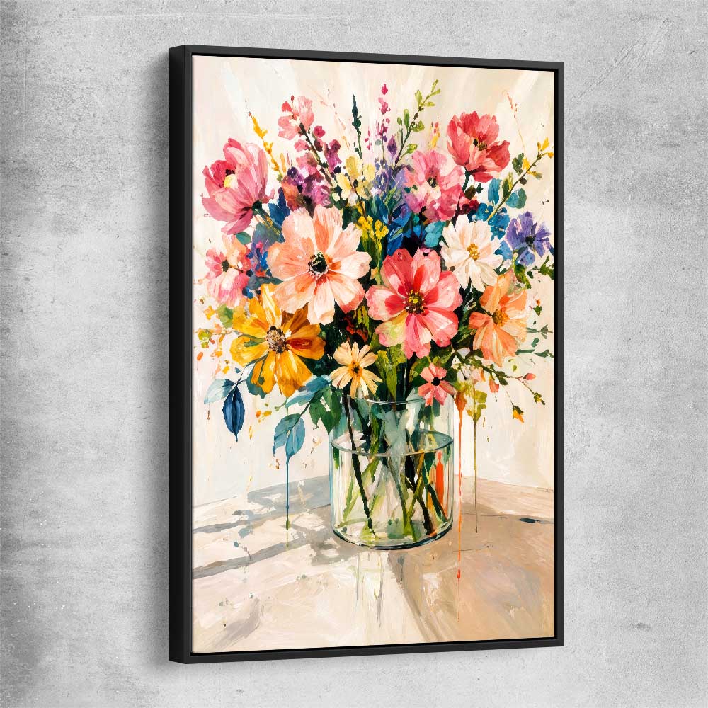 Floral print of Colourful Blooms with black framed canvas