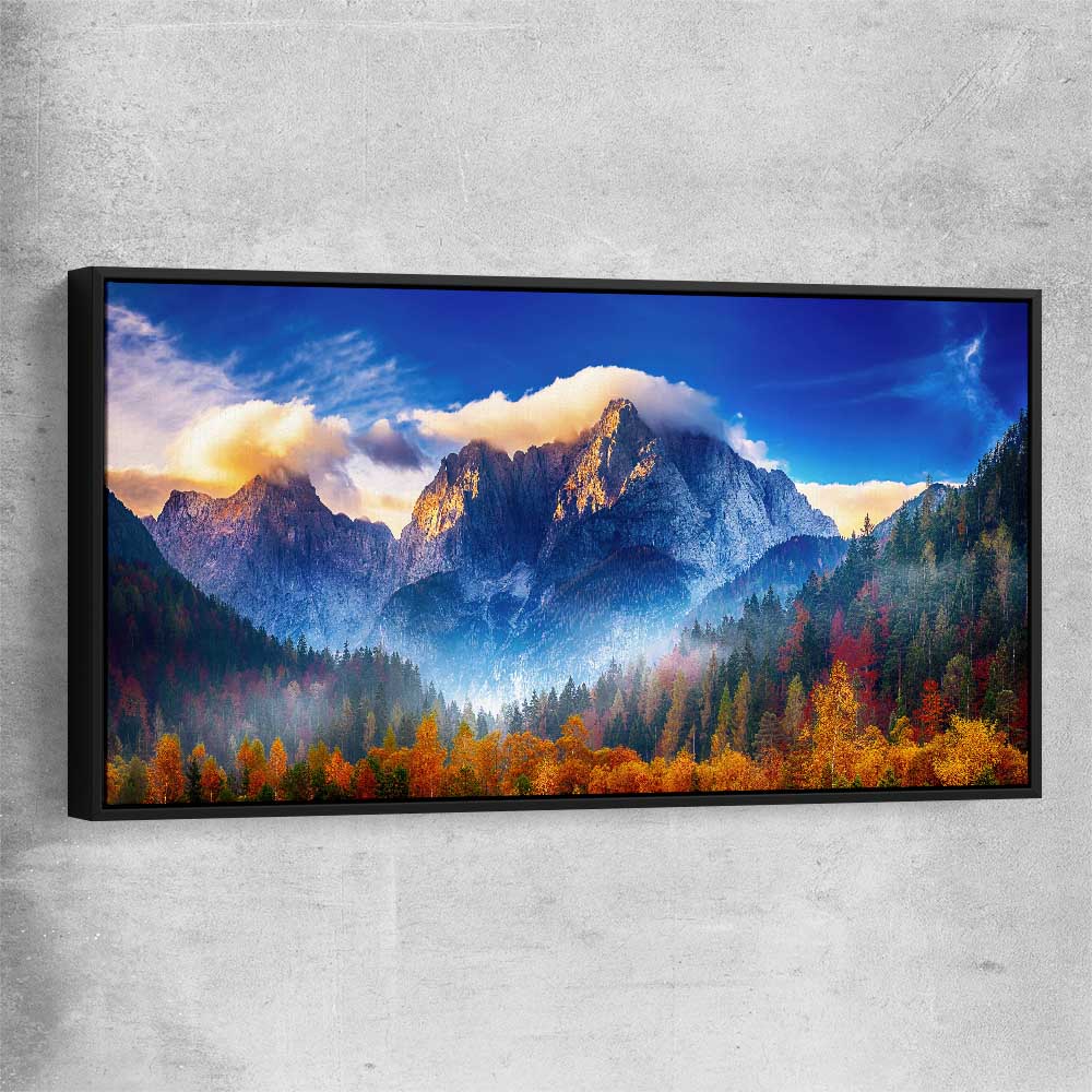 Floral print of Julian Alps Triglav Peak with black framed canvas