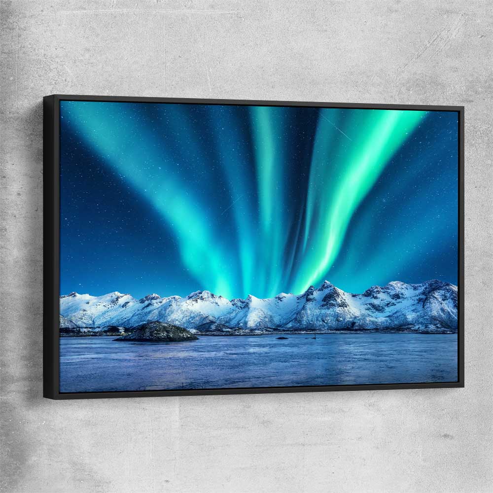 Floral print of Lofoten Aurora Norway with black framed canvas