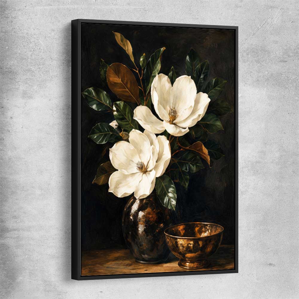 Floral print of Midnight Magnolia with black framed canvas