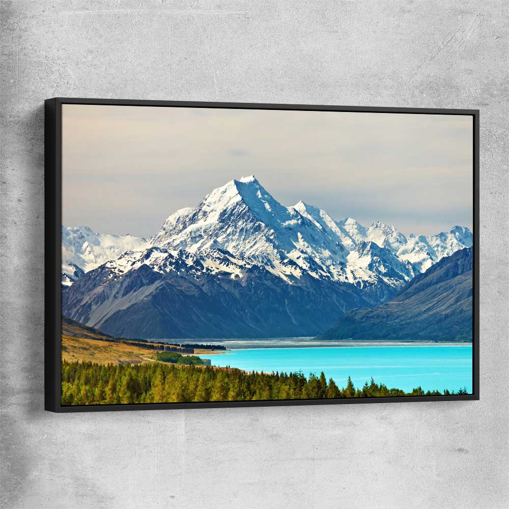Floral print of Mount Cook Lake Tekapo with black framed canvas
