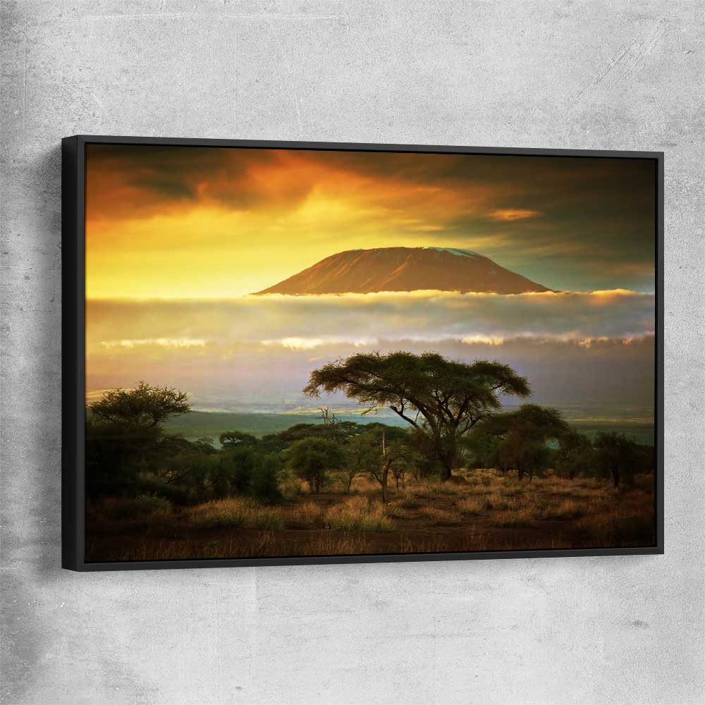 Floral print of Mount Kilimanjaro Sunset with black framed canvas
