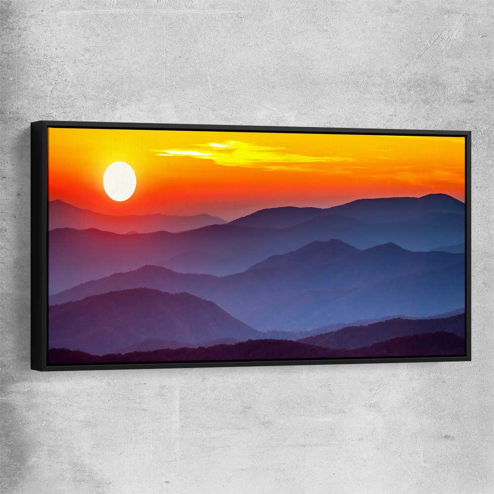 Floral print of Smoky Mountains Sunset with black framed canvas