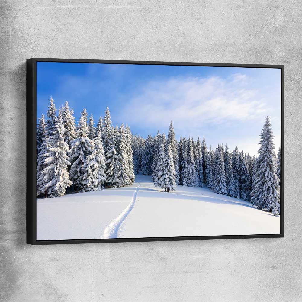 Floral print of Snowy Forest Path with black framed canvas