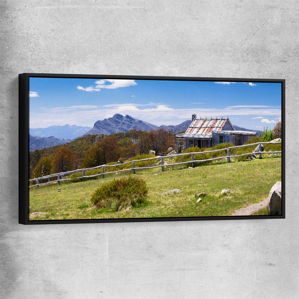 Floral print of Victorian Alps Craigs Hut with black framed canvas