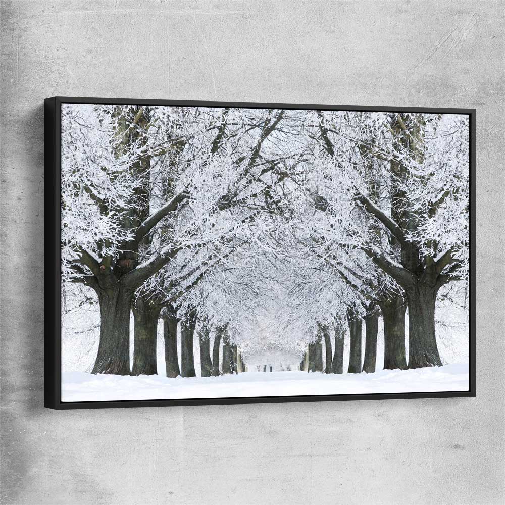Floral print of Winter Tree Avenue with black framed canvas