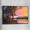 Floral print of Blissful River Sunset with black framed canvas