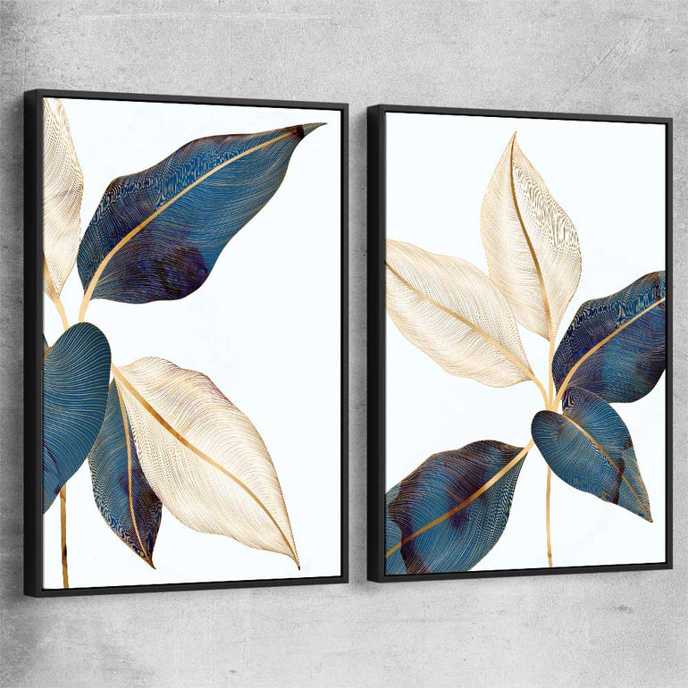 Floral print of Botanic Blue Pair with black framed canvas