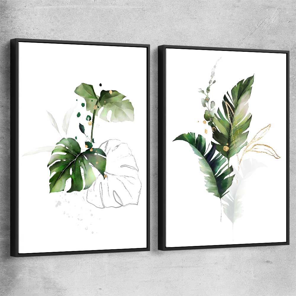 Floral print of Botanic Gold Pair with black framed canvas