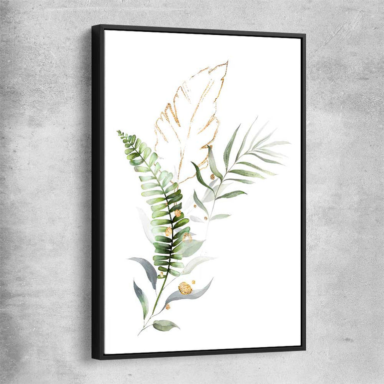 Floral print of Botanic Gold Two with black framed canvas
