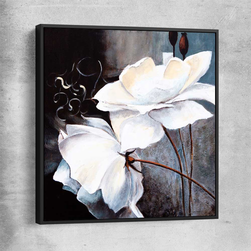 Floral print of Calming White Flowers with black framed canvas