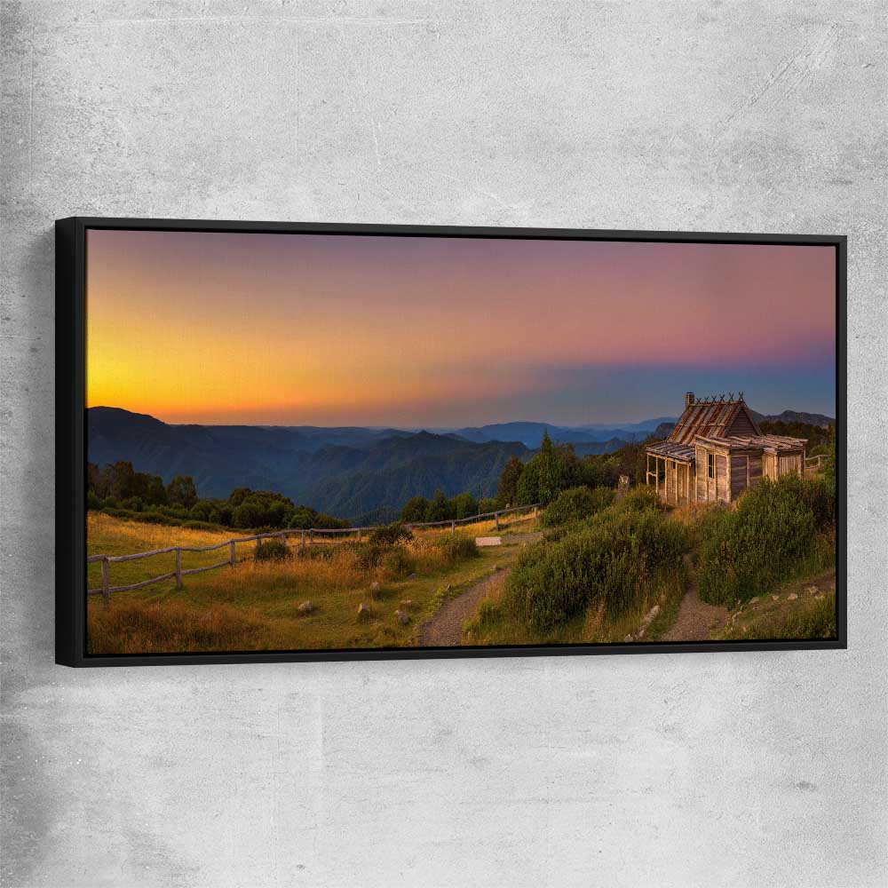 Floral print of Craigs Hut Victorian Alps with black framed canvas