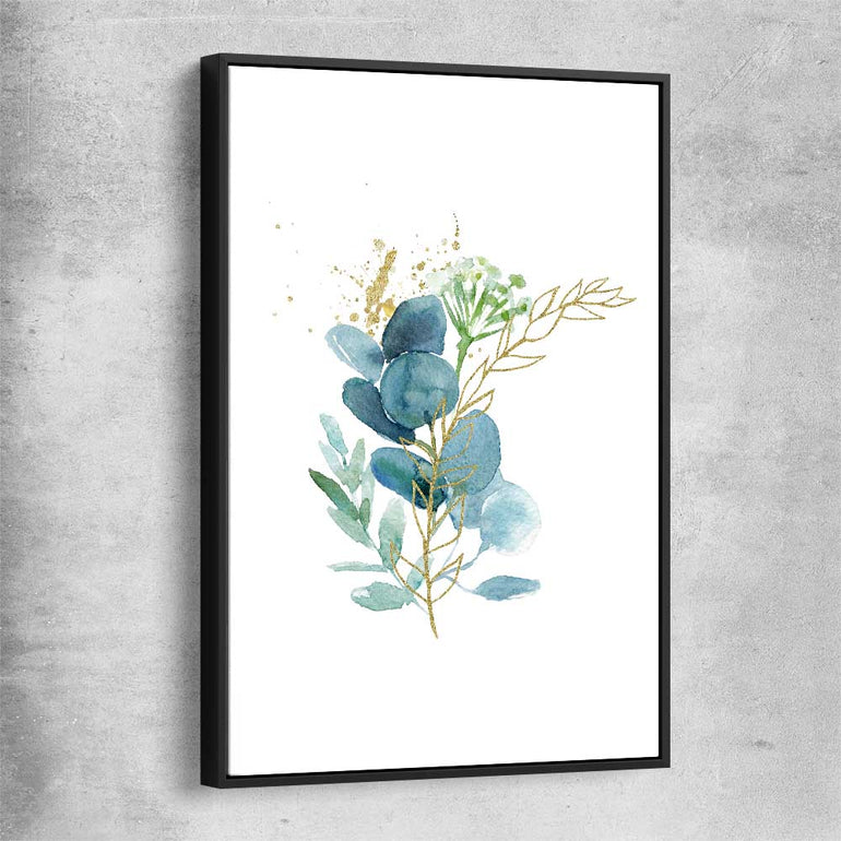 Floral print of Eucalyptus Bunch One with black framed canvas