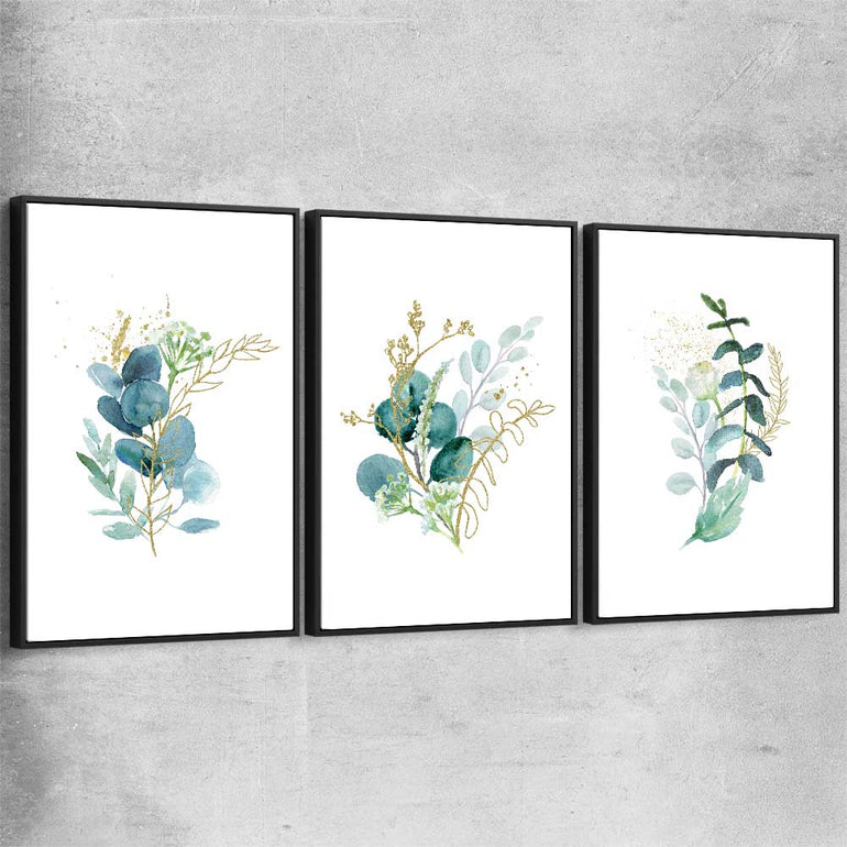Floral print of Eucalyptus Bunch Set with black framed canvas