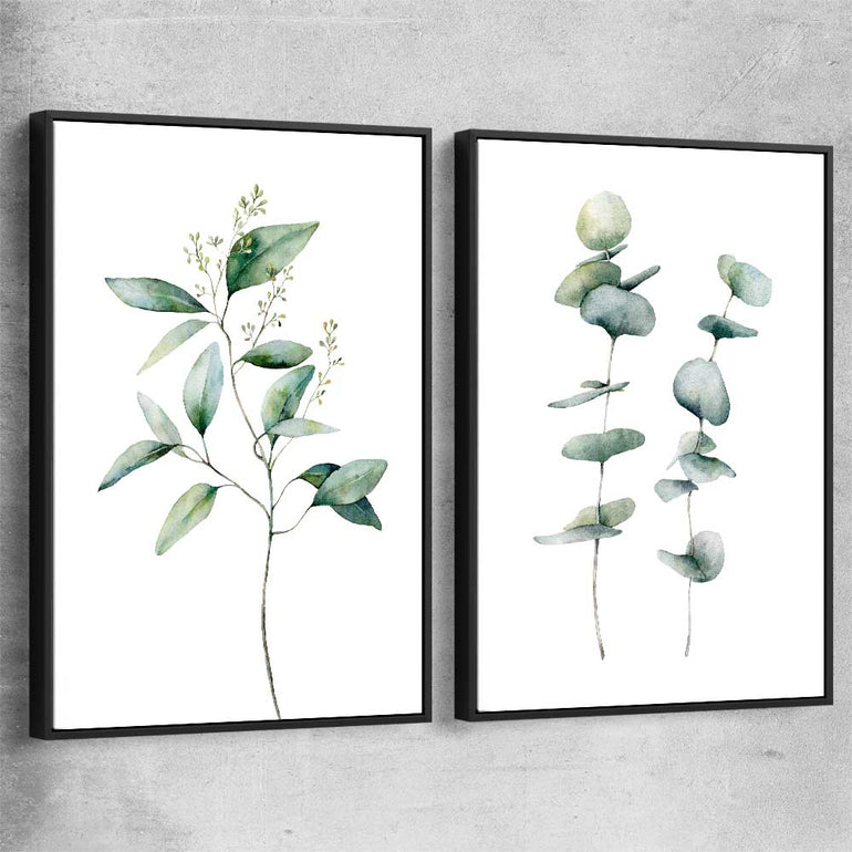 Floral print of Eucalyptus Pair One with black framed canvas