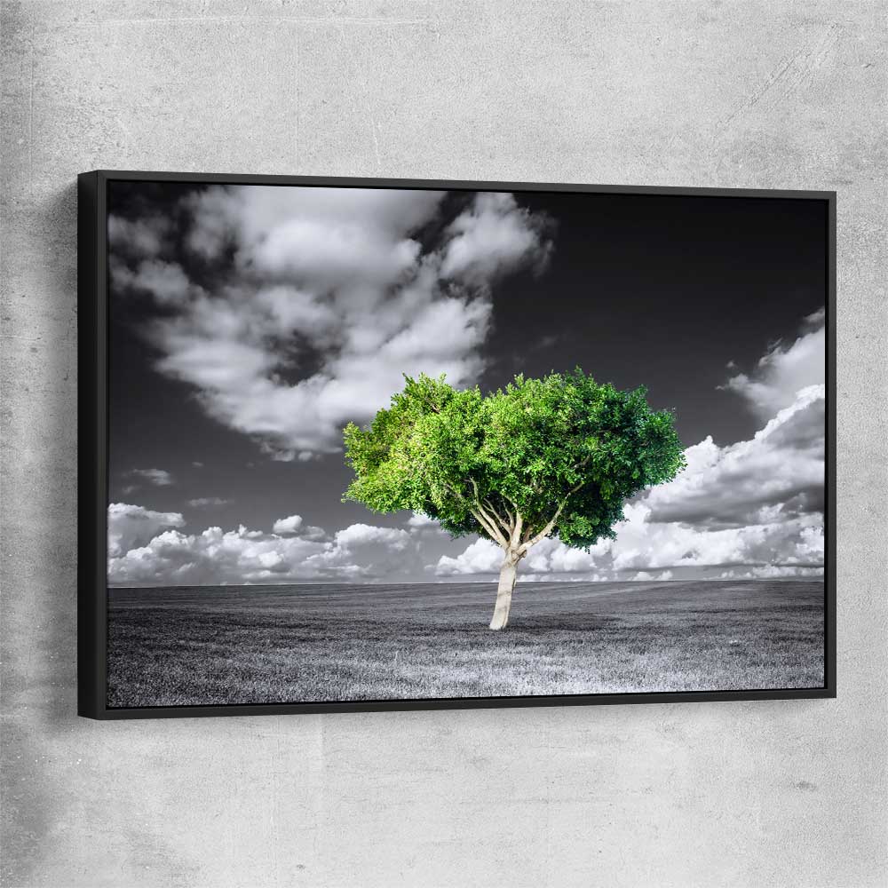 Floral print of Green Tree Horizon with black framed canvas